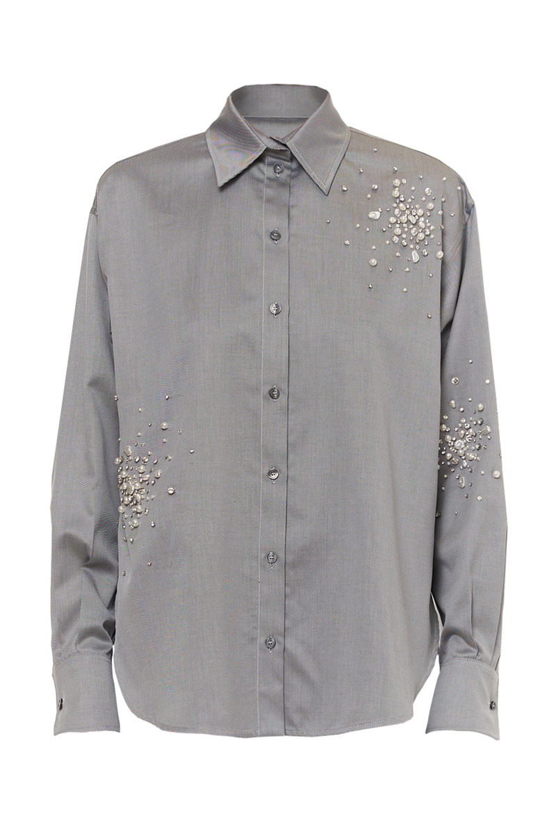 CAMICIA BOYFRIEND ABBOTTONATURA STORTA RICAMO SPLASH PERLE E CRISTALLI