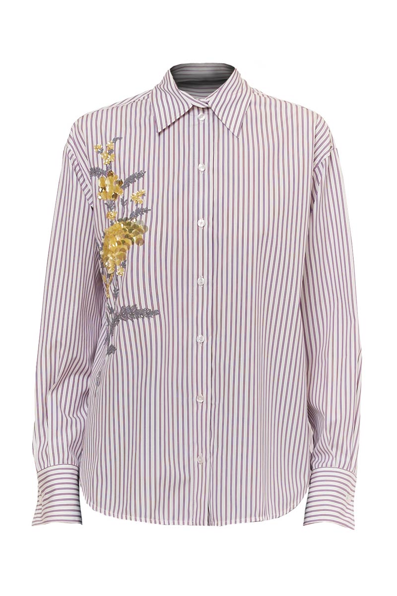 CAMICIA BOYFRIEND RIGATA ABBOTTONATURA STORTA RICAMO FIORE CRISTALLI