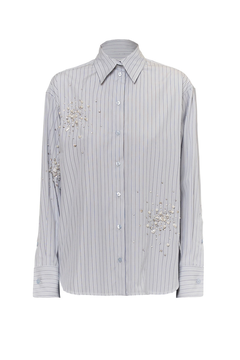 CAMICIA BOYFRIEND RIGATA ABBOTTONATURA STORTA RICAMO SPLASH PERLE E CRISTALLI